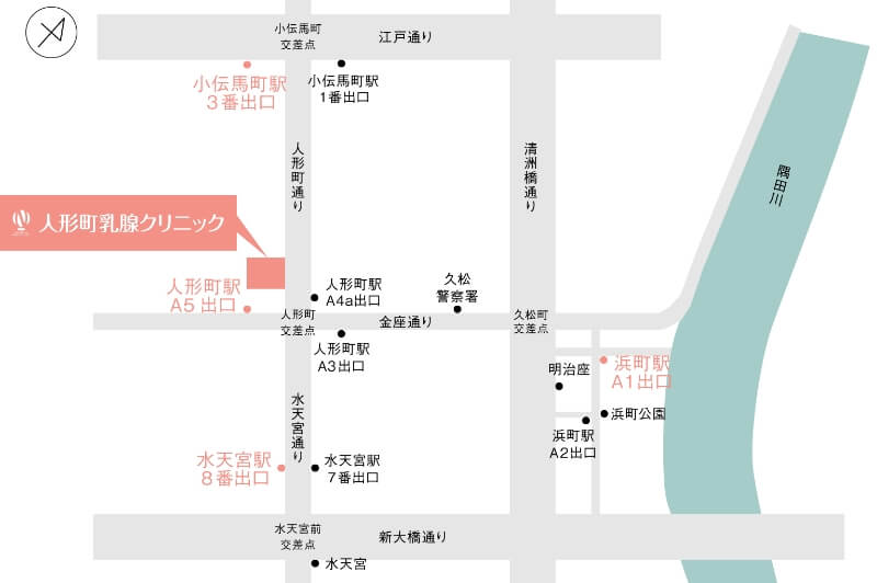 人形町乳腺クリニックへの各駅からの行き方の地図